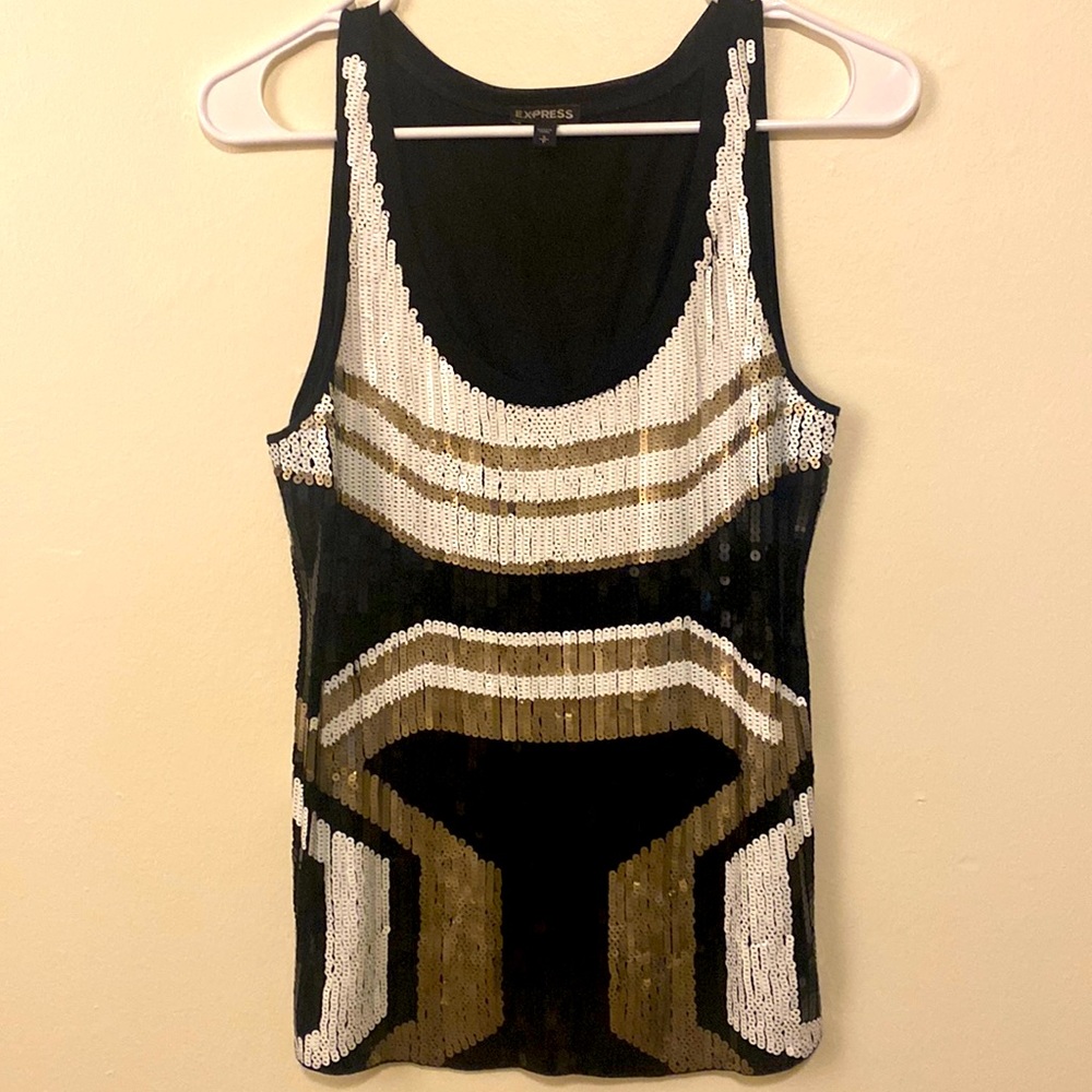 Small Express Gold White Black Geometric Pattern Sequin Sleeveless Top